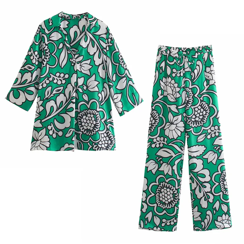 

VUWWYV Za 2021 Wide Leg Pants Women High Waist Green Floral Woman Pants Vintage Summer Oversize Pants for Women Trousers Suits