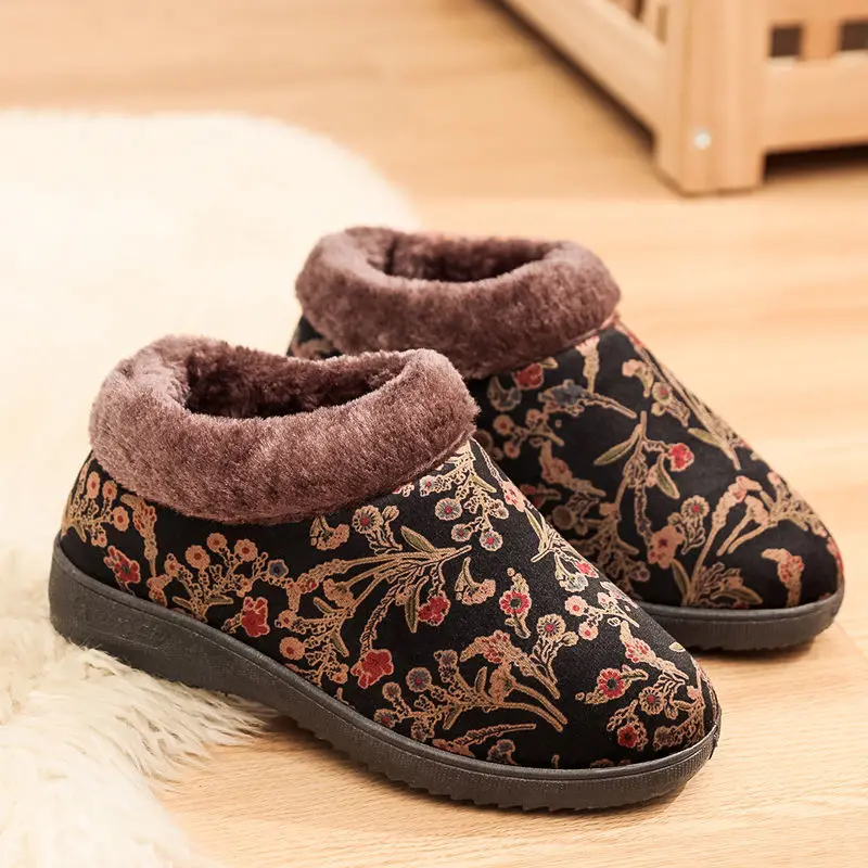 

Home Slippers for Women Retro ethnic style Winter Warm Plush Cotton House Slippers Women Non Slip Velvet Cotton Shoes Couple