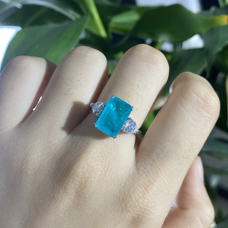 

Knobspin 100% 925 Sterling Silver Rectangle Aquamarine High Carbon Diamond Engagement Rings Sparkling Party Fine Jewelry Gift