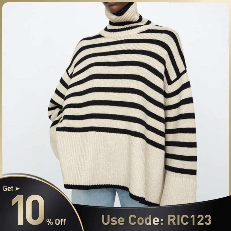 

2021 Autumn Winter Women Turtleneck Sweater Pullover Hem Slit Loose Stripes Long Wide Sleeve Warm Female Retro Knit Jumper Tops