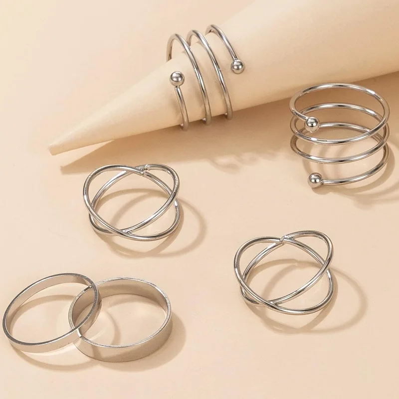 

6PCS Minimalist Gold Sliver Rings Set for Women Punk Geometric Crystal Round Twist Knuckle Ring Female Fashion Finger Jewelry
