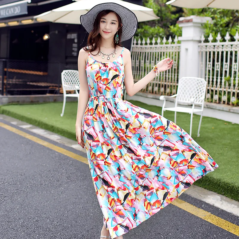 

Vintage Casual Sundress Female Sleeveless Beach Dress Long Striped Women Dress Summer Boho Floral Holiday Dress YTNMYOP