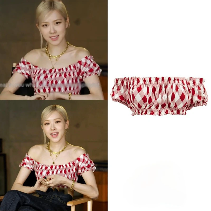 

Kpop Korean Celebrity ROSE Summer Women Shirt Ruffles Puff Sleeve Short Fashion Tops Laides Nightclub Party Sexy Plaid Blouses