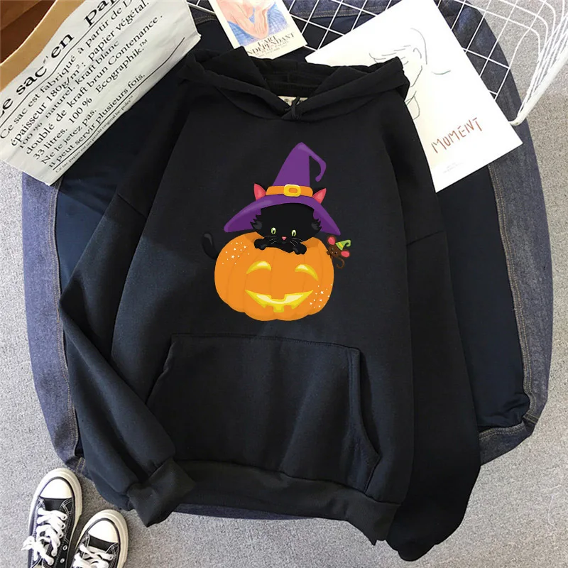 

Kawaii Women Hoodie Halloween Cat Print warm Hooded Female Tops Oversized Casual pocket Sweatshirts Long sleeve Ladies Hooded