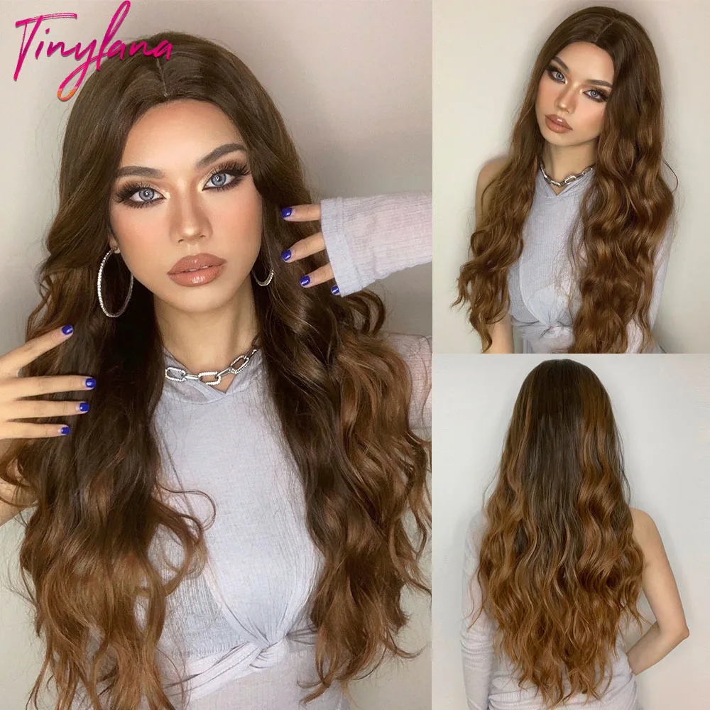 

Крошечная Лана Синтетические длинные волнистые Омбре коричневые светлые парики для черных женщин средняя часть Волнистые повседневные на...