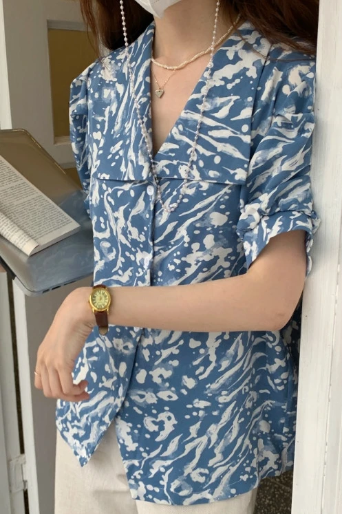 

COIGARSAM Casual Short Sleeve Shirt Womens tops New Summer Vintage Print Loose Women shirts Blue Black 9693