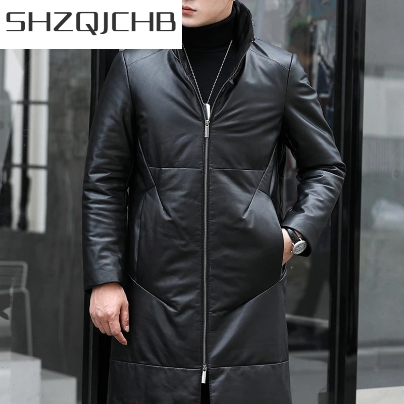 

JCHB 2021 Top Brand Winter Mens Genuine Leather Down Coats Fashion Casual Medium Length Cowhide Stand Collar Male Warm Coats Plu