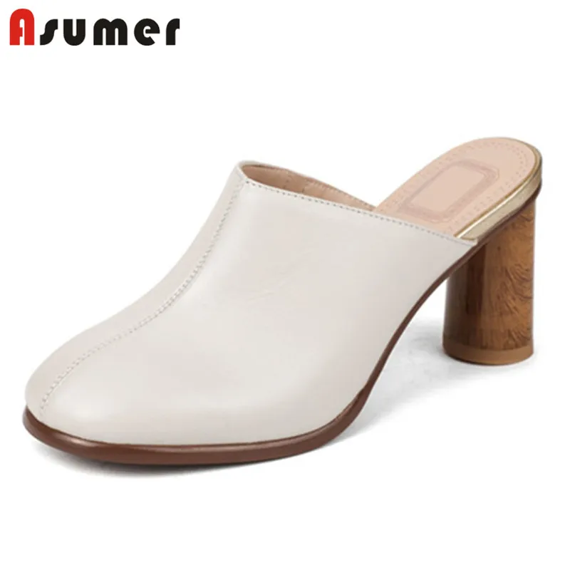 

ASUMER 2022 new arrive women pumps genuine leather shoes round toe slip on summer mules high heel party shoes female black