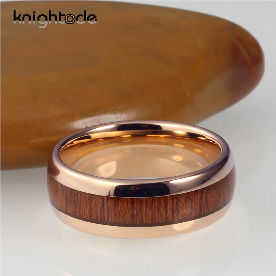 Мужское кольцо из карбида вольфрама розового золота Koa с деревянной инкрустацией