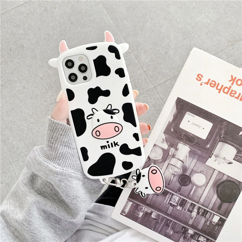 

for iPhone 12 Case Luxury Silicone Full Protection Soft Cover Cow with Lanyard for iPhone 12 Phone Case