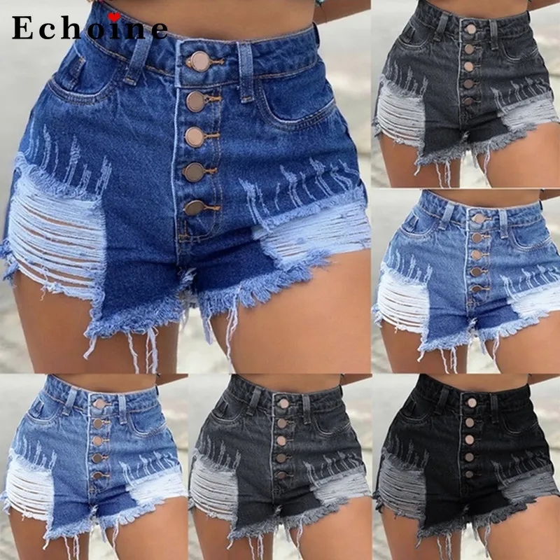 

Модные рваные сексуальные джинсовые шорты с пуговицами и высокой талией, популярные женские повседневные узкие джинсы с рваными дырками