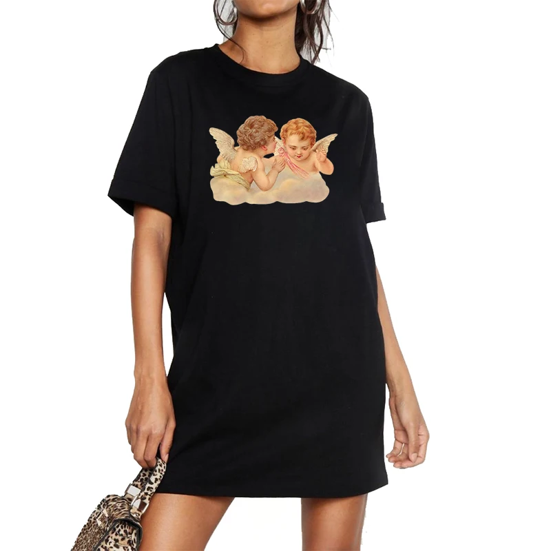 

Women Dress Plus Size Angel Print Party Summer Short Sleeve Loose Casual Harajuku Dress Black White Femme Pregnant Mini Dress