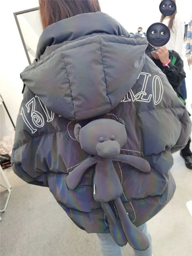 

Light Reflective Night Lighting Hooded Down Coat Luminous Noctilucence Flourescent Women Man Hip Hop Coat Loosen Doll Jacket