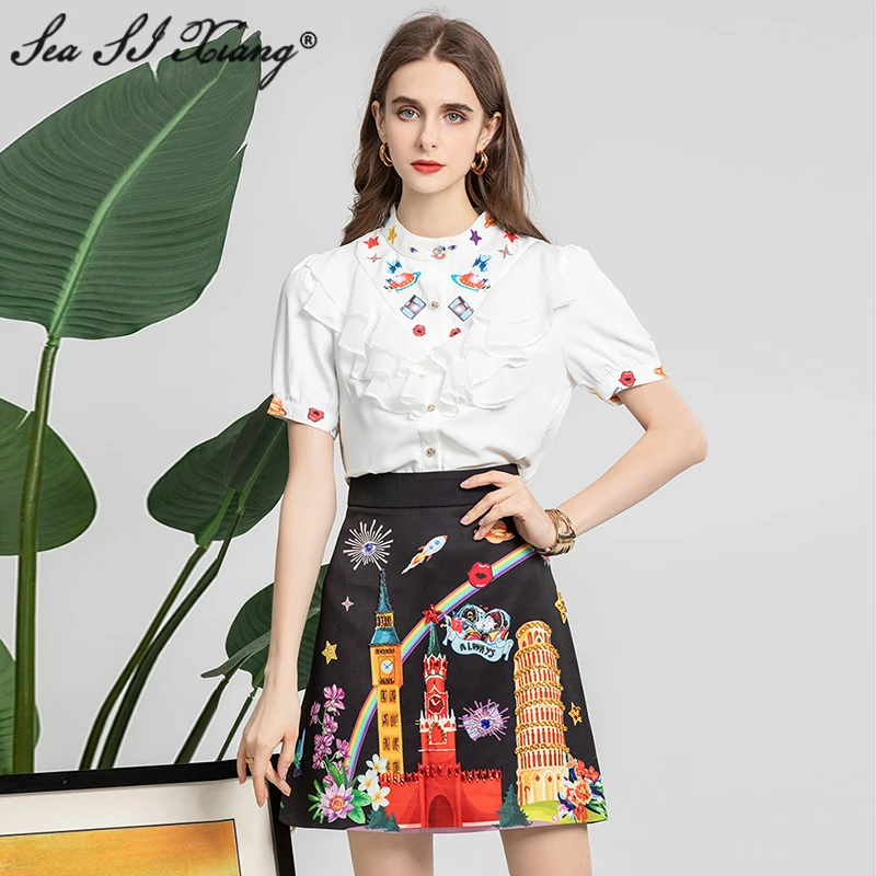 

Seasixiang Fashion Designer Summer Suit Women Stand Collar Ruffles Short Sleeve Tops + Beading Skirt Print Two Piece Set