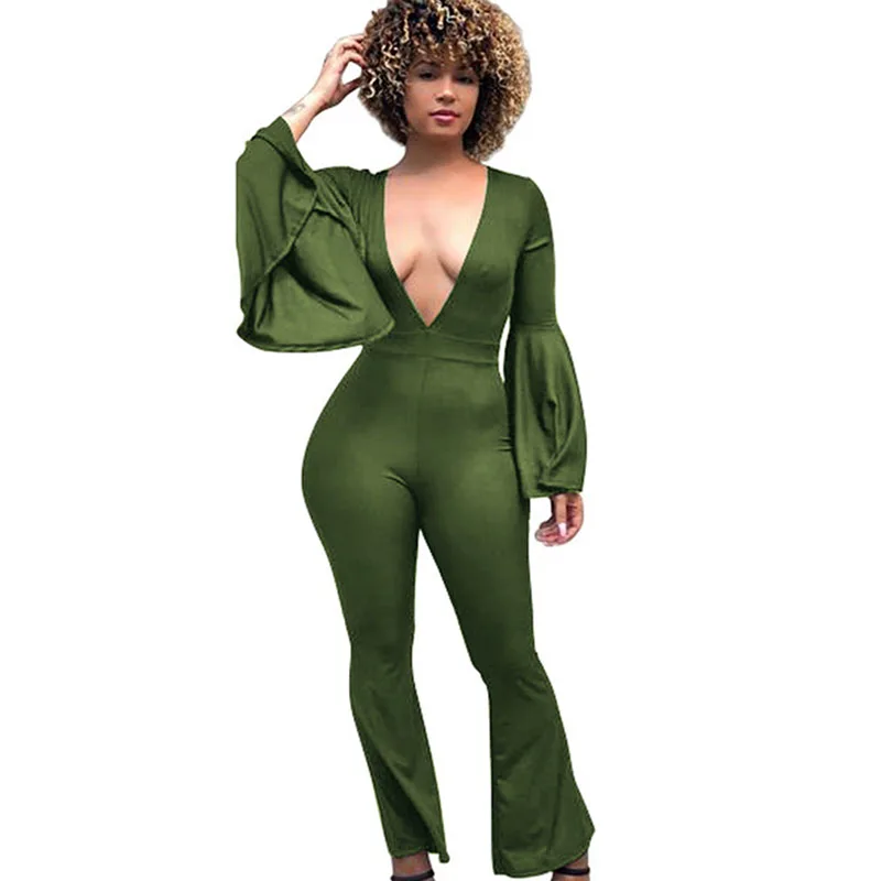

Sexy Party Club Elegant Plunging V Neck Long Sleeve Jumpsuit Women Solid High Waisted Flare Pants Autumn Bodycon Romper Overalls