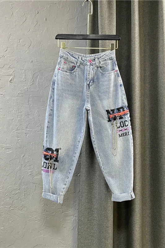 

High Waist Cropped Harem Pants Women's Fashionable 2021 New Spring and Summer Clothing Female Loose Letter Denim Jeans