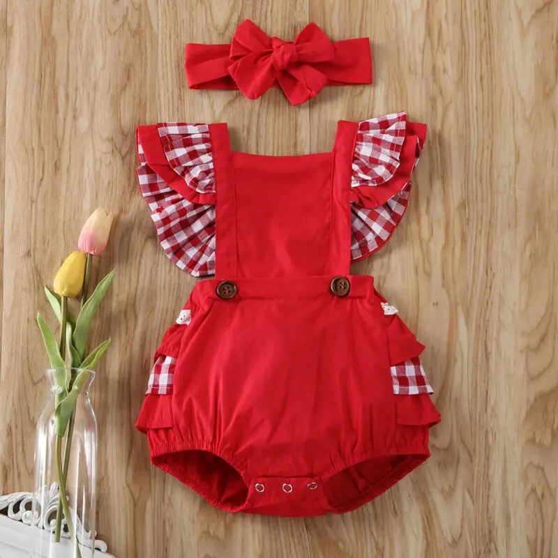 Комбинезон с повязкой на голову для девочек 2 шт. красный в клетку оборками