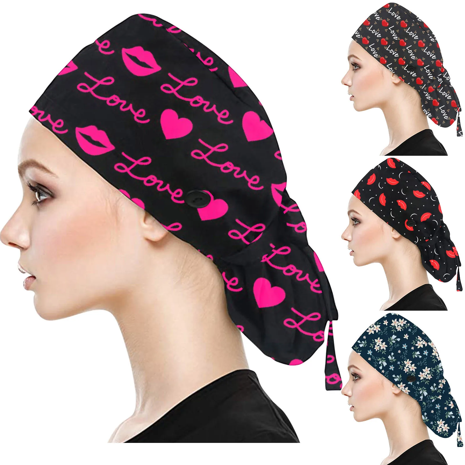 

Beautician Dust Proof Work Cap Casual Print Cotton Hedging Hat Unisex Button Bouffant Beanies Adjustable Sweatband Gourd Hat
