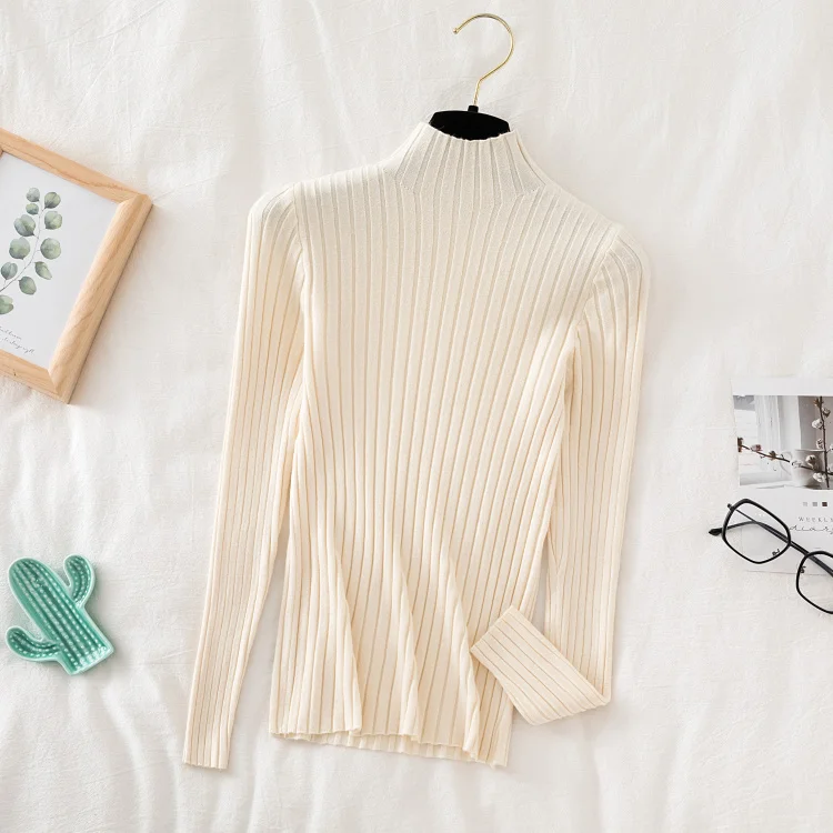 

2021 High Neck Basic Slim Casual Ribbed Knit Top Autumn Clothes Woman Sweaters Pullover Sweater Knitted Women Winter
