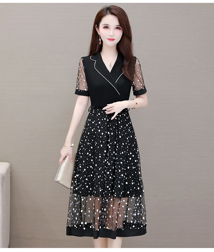 Женское элегантное корейское платье размера плюс летнее Сетчатое в горошек с