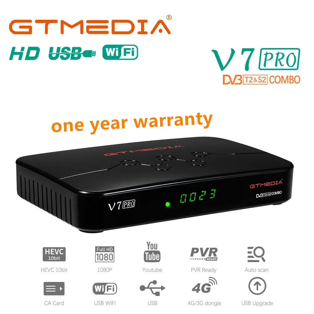 

GTMEDIA V7 Pro DVB-S/S2/S2X+T/T2 Satellite TV Receiver Support decoder CA card slot and multi-room YouTube with 1 year warranty