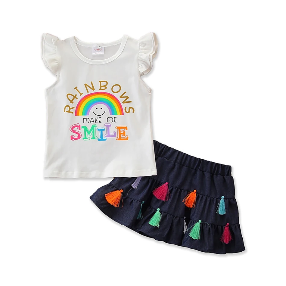 

Children's Summer Clothing Set Baby Girl Cute Rainbow Print Fly Sleeve Tops + Tassel Skirt 2021 New Fashion Dress Set