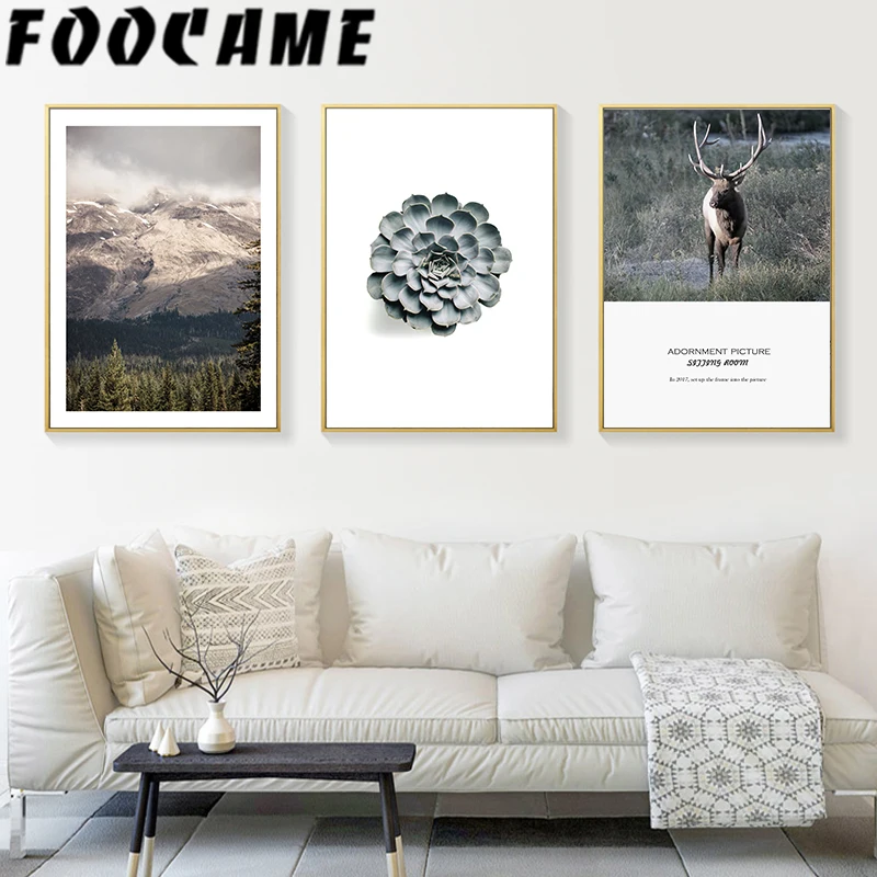 Горный олень растение цветок природный пейзаж скандинавское настенное