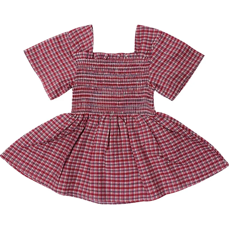 

Summer cute baby girls tightness plaid square collar short sleeve blouses cute casual Tops