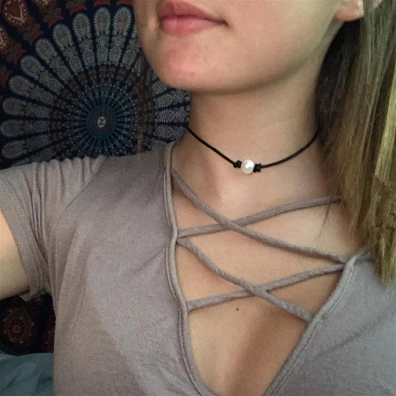 Жемчужное ожерелье-чокер для женщин кожаная искусственная кожа | Украшения и