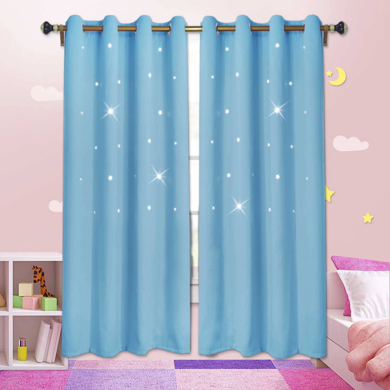 

Shiny Star Curtains For Kid Bedroom Blackout Window Curtain Glow in The Dark Drapes Eyelet Panel Hollow-Out Stars Blind Decor
