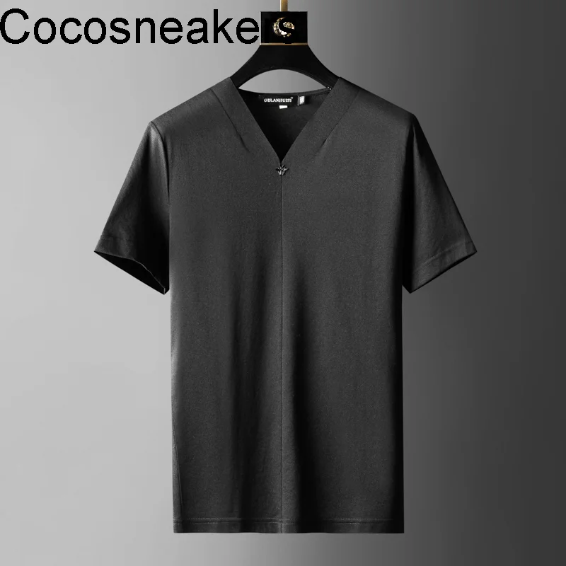 

Футболка мужская с V-образным вырезом, роскошная короткая тенниска из хлопка и шелка тутового шелкопряда, простая шелковая однотонная майка...