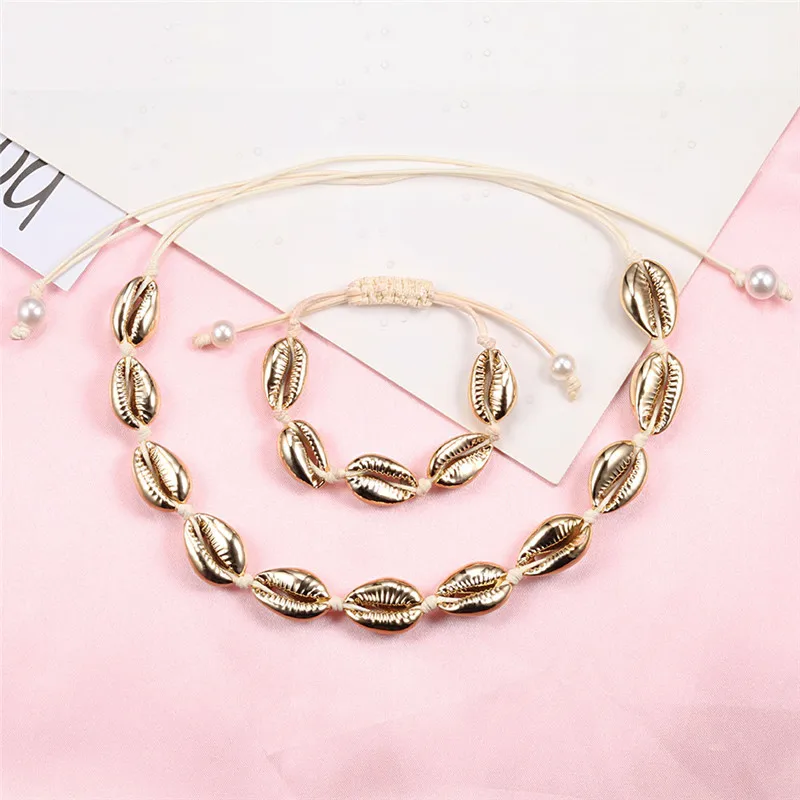 Женский комплект из ожерелья и браслета в стиле бохо ракушек белого черного