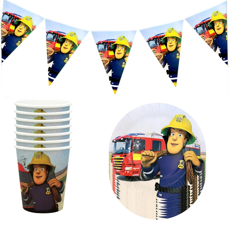

Happy Birthday Party Fireman Theme Banner Plates Kids Boys Favors Cups Dishes Baby Shower Flags Decorate Glass Bunting 60pcs/lot