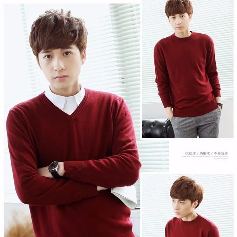 

Autumn and winter men round neck solid color base Korean version pullover V-neck loose large size sweater knitwear