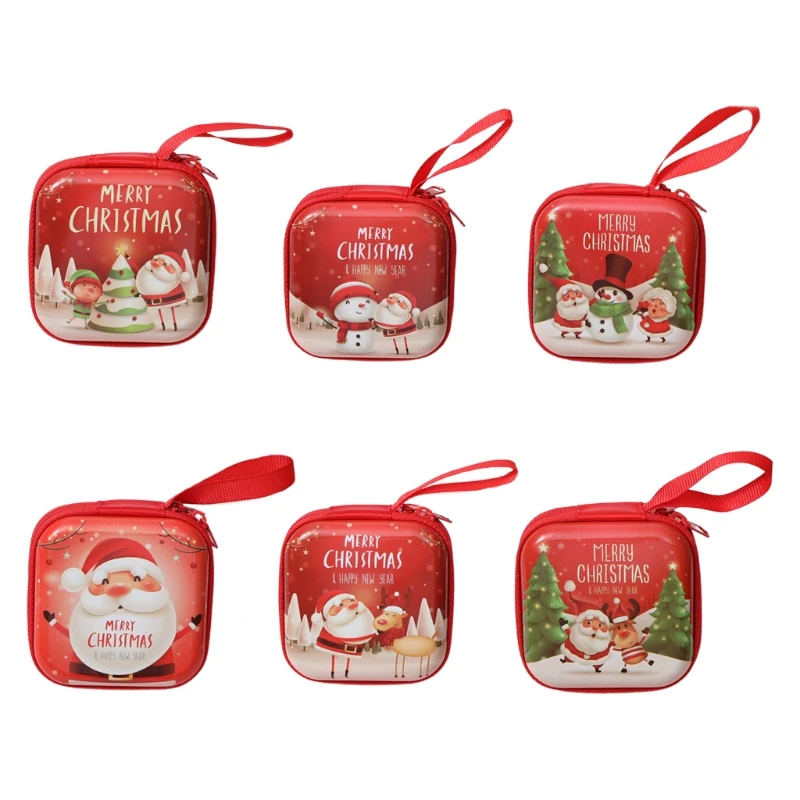 

Christmas Storage Bag Cartoon Print Coin Purse Creative Square Tinplate Pocket with Zipper for Coin Mini Card Candy Gift Pouch