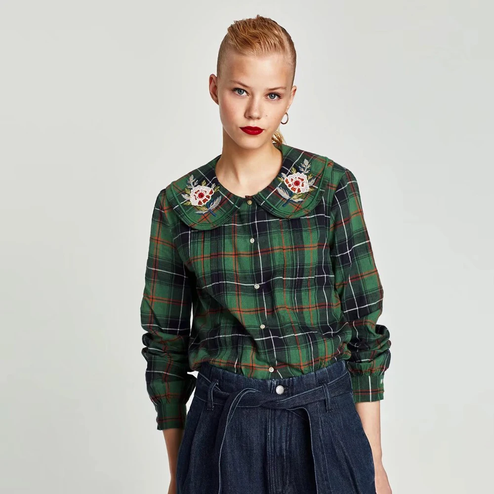 Элегантные женские блузки 2019 с длинным рукавом цветочной вышивкой в клетку на