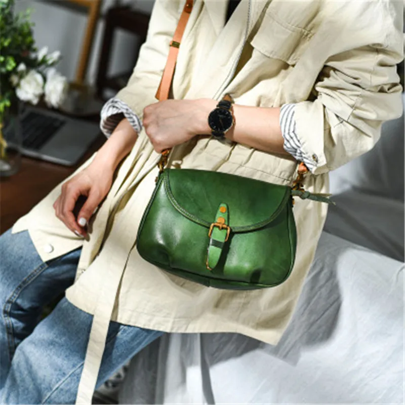 Fashion retro handmade bag natural genuine leather messenger small bag head layer cowhide shoulder bag INS style female bag