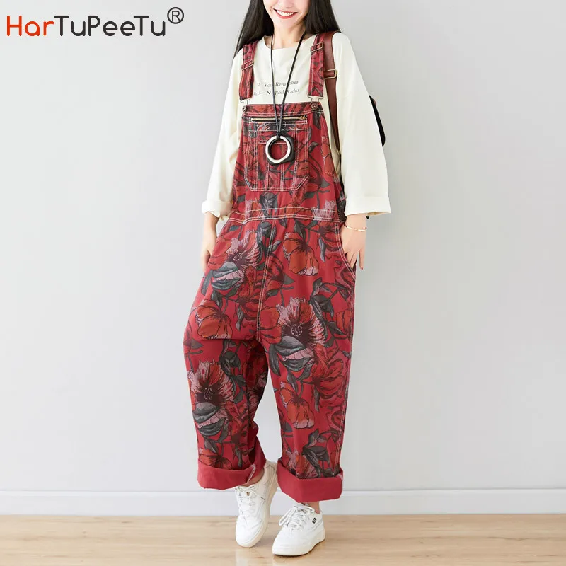 Denim Jumpsuit Women Loose Casual Baggy Wide Leg Jeans Pants with Adjustable Straps Full Length Print Pockets Overalls