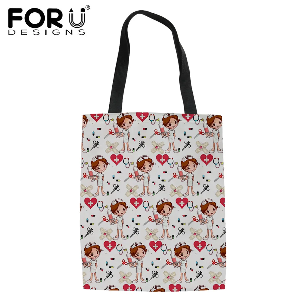 

FORUDESIGNS Women Canvas Tote Bag Cartoon Nurse Doctor Print Ladies Reusable Eco Foldable Shoulder Shopping Bags Bolsos De Mujer