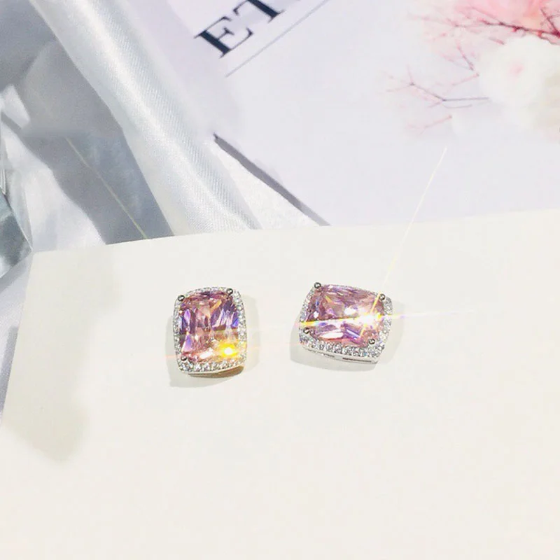 Женские роскошные серьги-гвоздики с розовым геометрическим цирконием винтажные