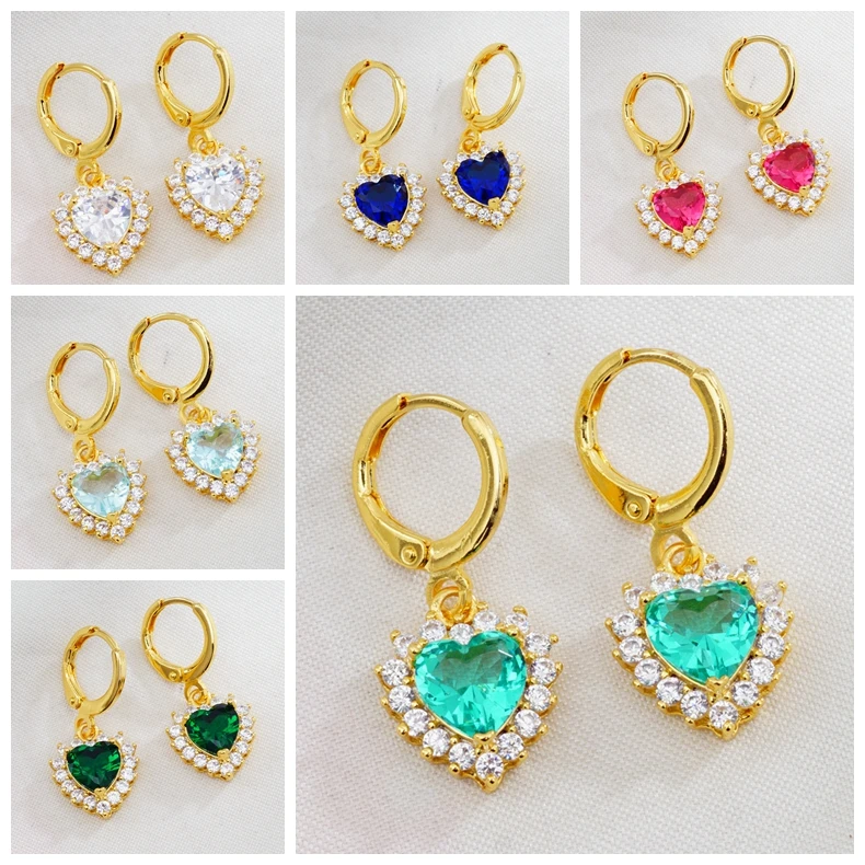 18 видов стилей серьги-подвески в форме сердца золотого цвета с фианитами