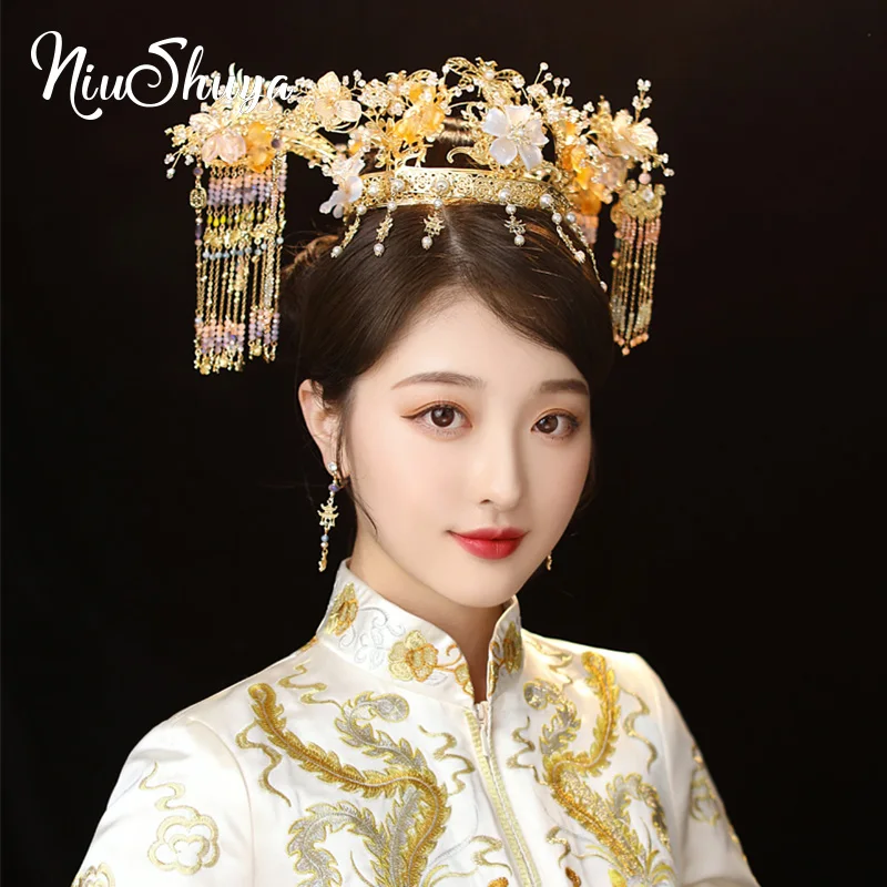 

NiuShuya Vintage Gold Phoenix Hair Accessories Flower Tassel Earring Hair Crown Headbands Chinese Wedding Hair Jewelry For Wo