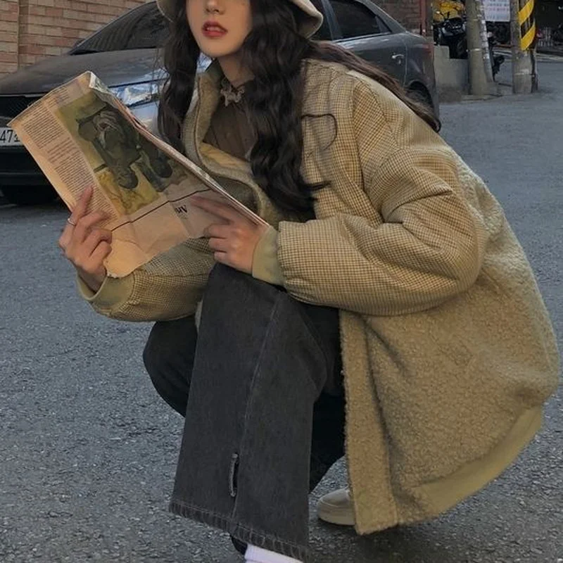 Parkas Women Design Patchwork Lambswool Thicker Outwear Warm Retro Button Panelled Plaid Short Style Parka Mujer Korean Fashion | Женская