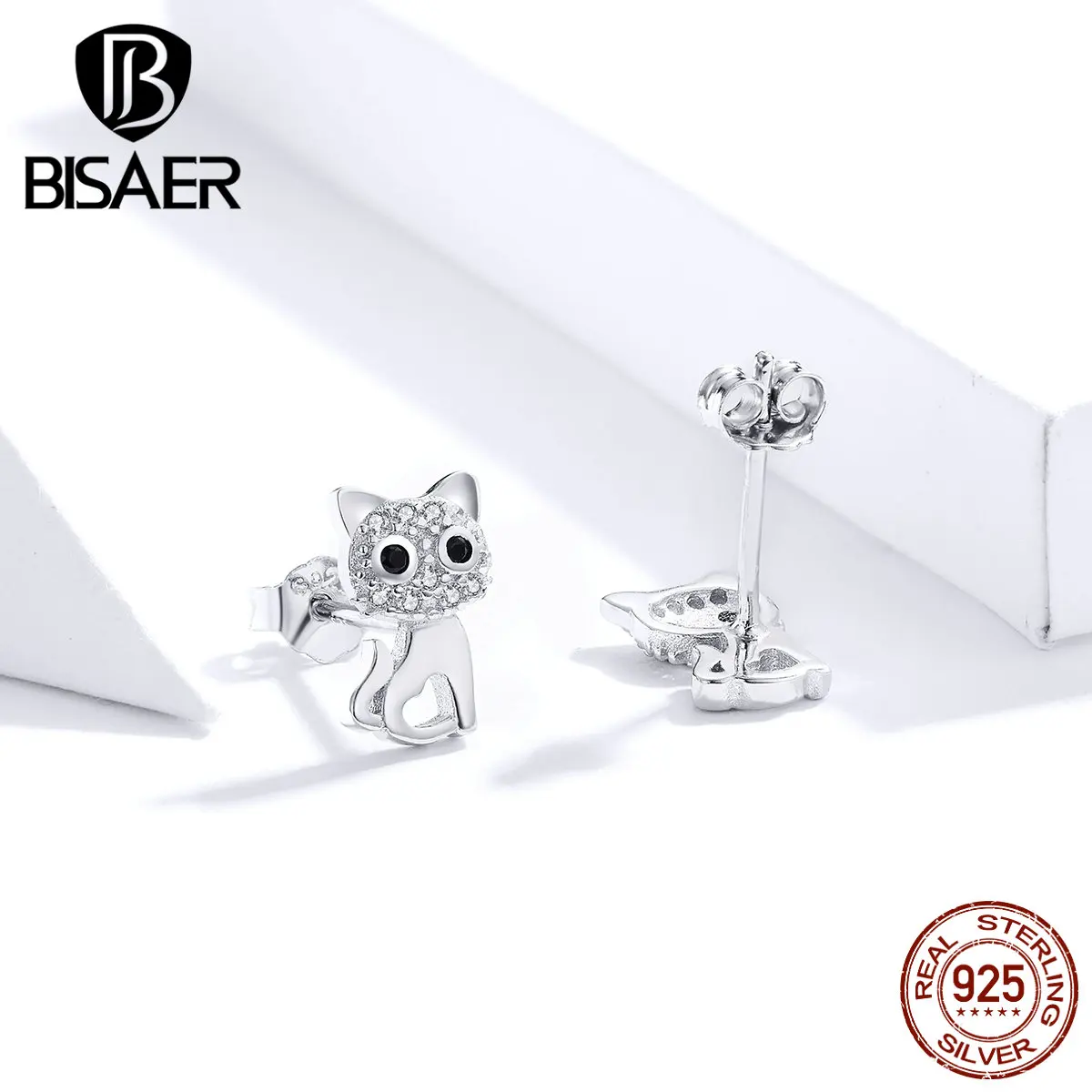 Кошачьи ювелирные изделия BISAER,, 925 пробы, серебро, кубический циркон, маленькая кошечка, киска, изысканные серьги-гвоздики для женщин, ювелирные изделия ECE797