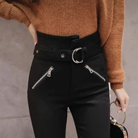 black stretch pencil pants for women fashion office work elegant trousers new casual slim thin korean pockets ankle length pants