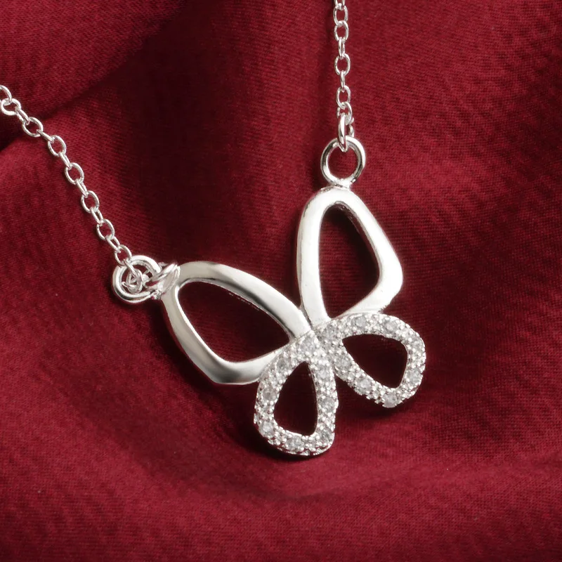 

OMHXZJ Wholesale Personality Fashion OL Woman Girl Gift Hollow Butterfly AAA Zircon 925 Sterling Silver Pendant Necklace NC91
