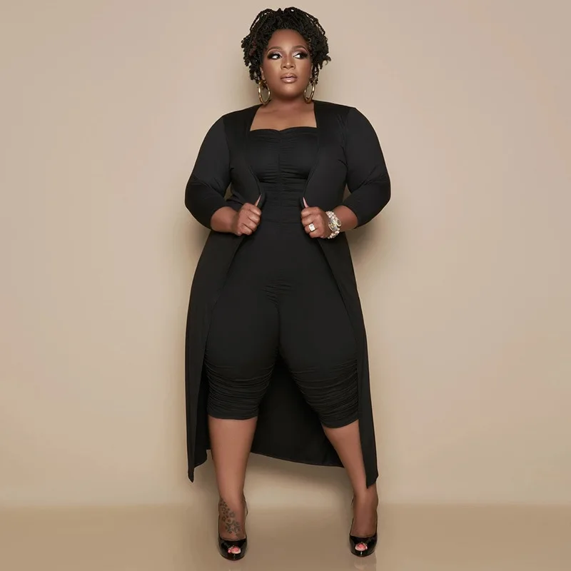 

L-4xl Women Two Piece Set Casual Solid Skinny Sexy Plus Size Outfits One Piece Jumpsuit And Long Coat Wholesale Dropshipping