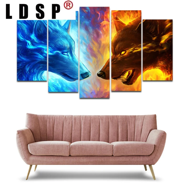 LDSP RELIABLI искусство 5 панелей лед и пламя волк холст живопись настенный плакат