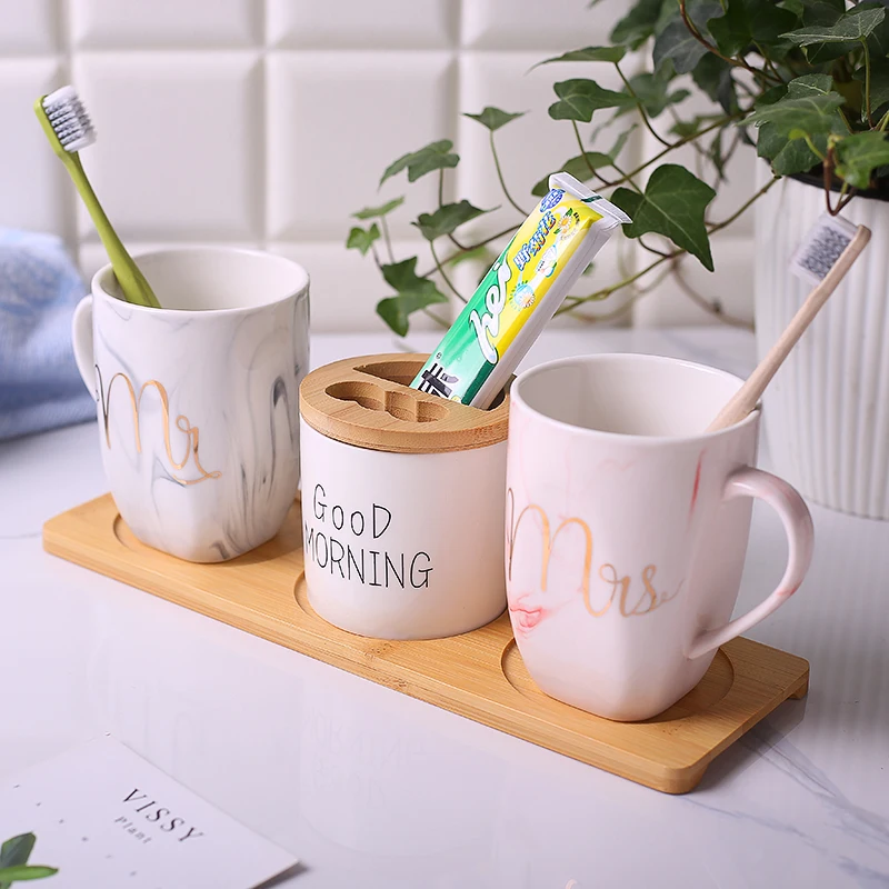 Нордическая керамическая мраморная щетка Mr Mrs Бамбуковая чашка для ванной