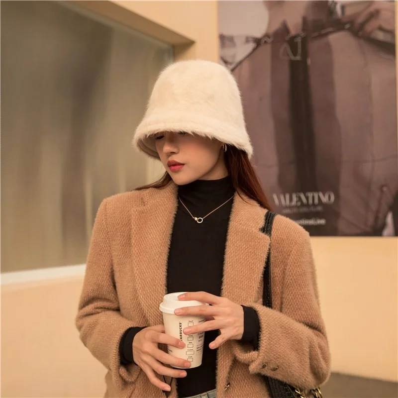 

Winter Women's Solid Color Casual Face Small Bucket Hat Autumn and Winter Plush Warm Rabbit Fur Fisherman Fashionable Bonnet